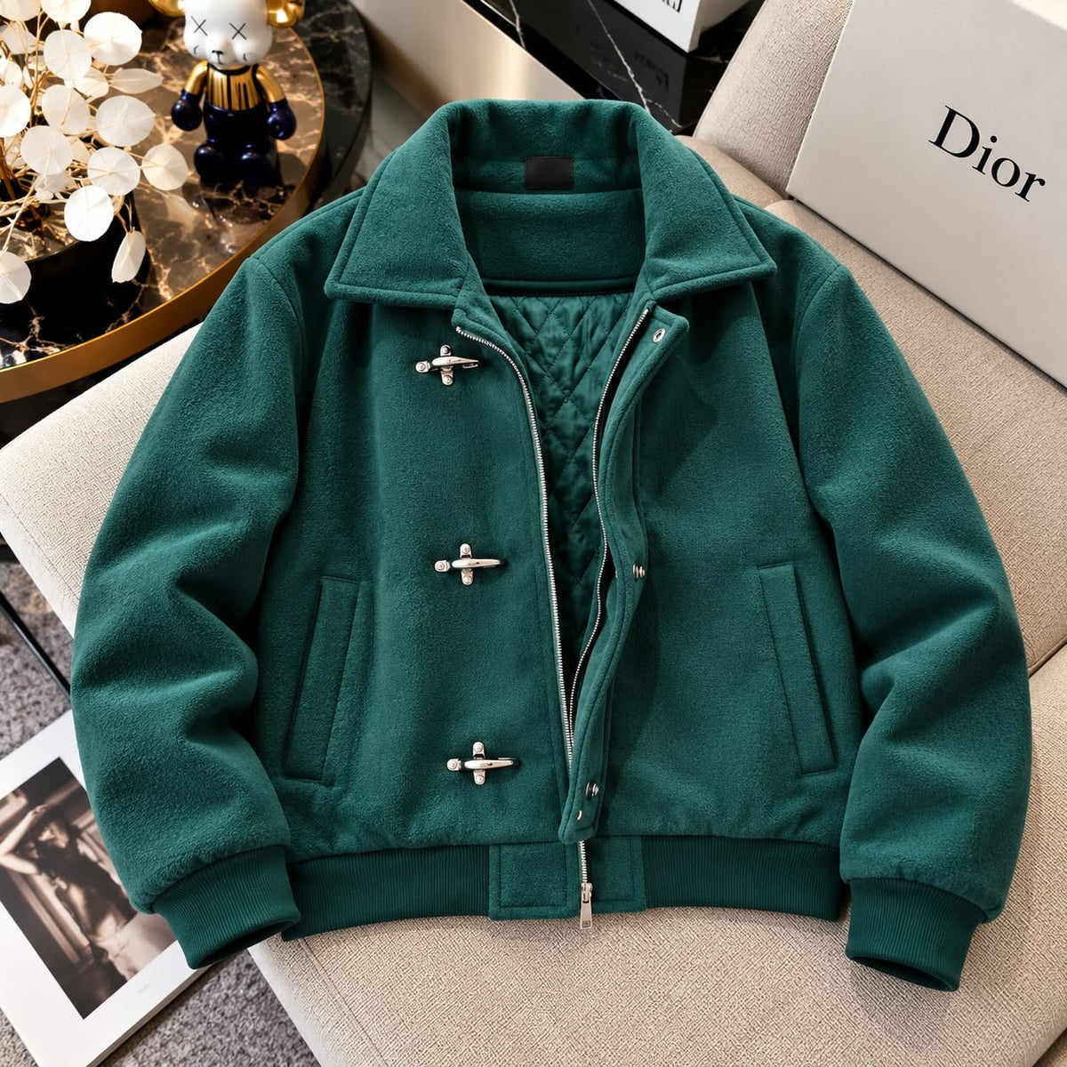Textured Wool-Blend Bomber Jacket with Metallic Clasp Closures