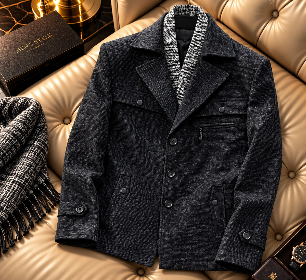 Textured Wool-Blend Peacoat Jacket with Removable Patterned Collar