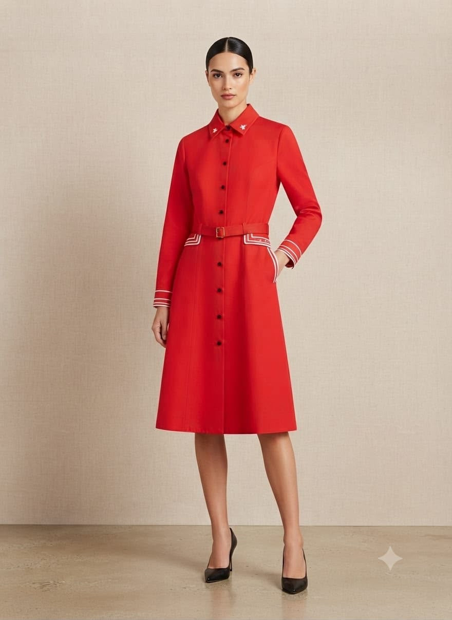 Embroidered Collar Belted A-Line Midi Shirt Dress