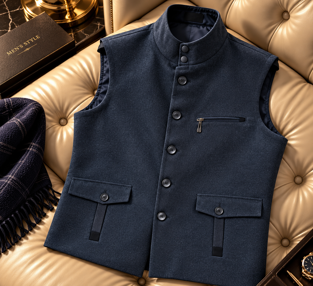 Men's Mandarin Collar Wool-Blend Formal Waistcoat with Multi-Pocket Detail