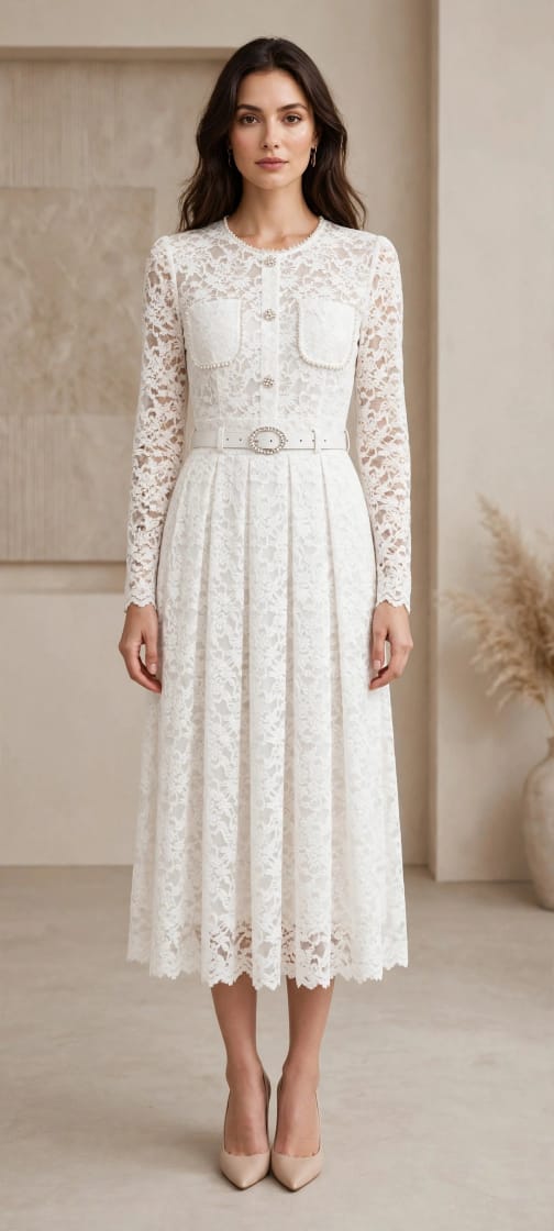 Elegant Lace Midi Dress Delicate Floral Lace