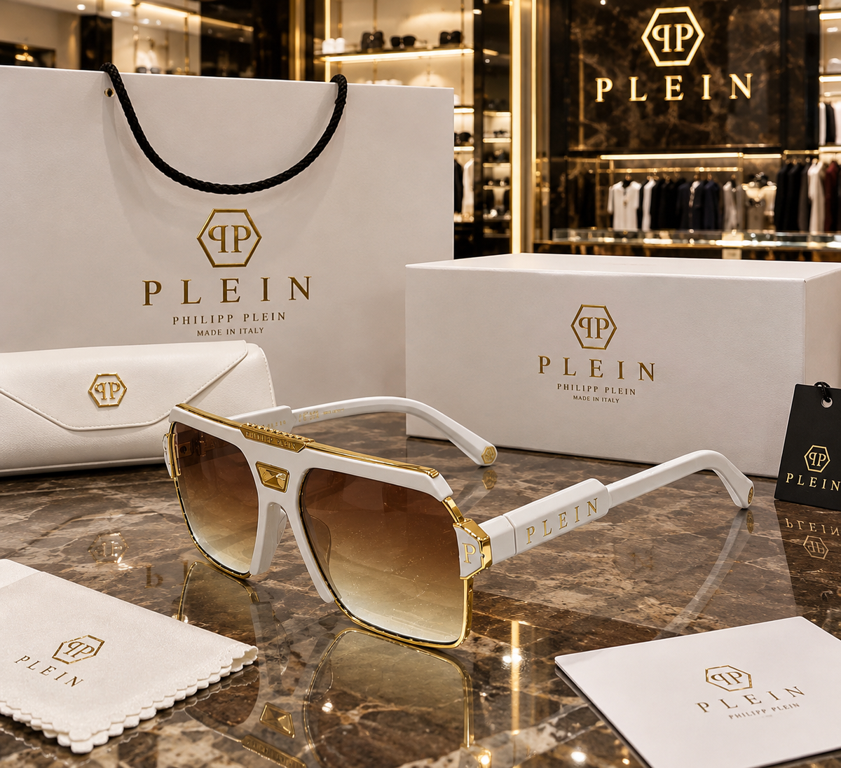 Bold Flat-Top Statement Sunglasses with Metallic Trim & Inlaid Side Detailing