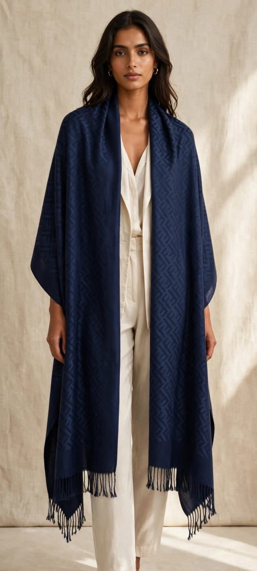 Women's Jacquard Monogram Fringed Cape Shawl