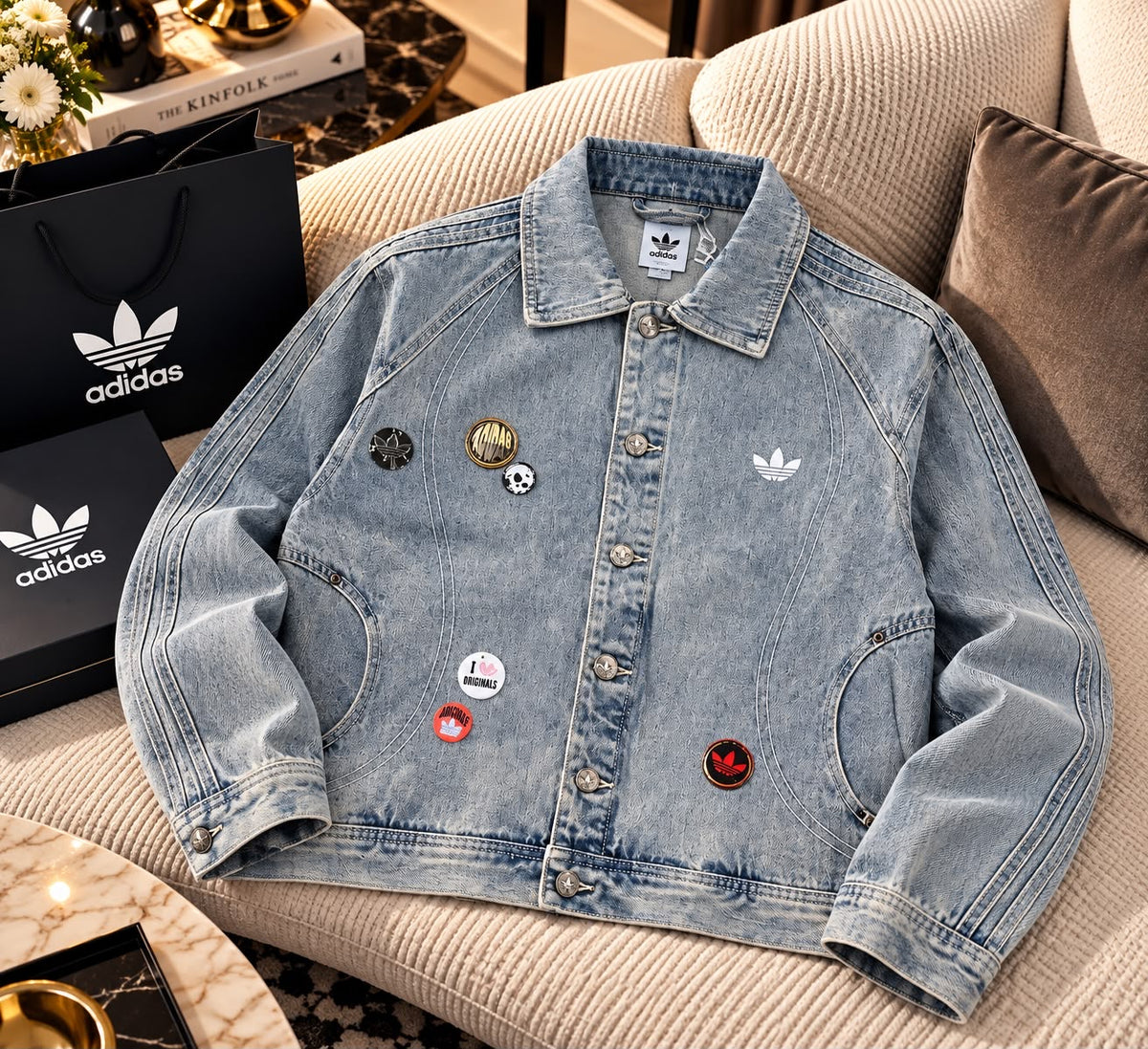 Vintage Washed Denim Trucker Jacket with Graphic Badge Accents