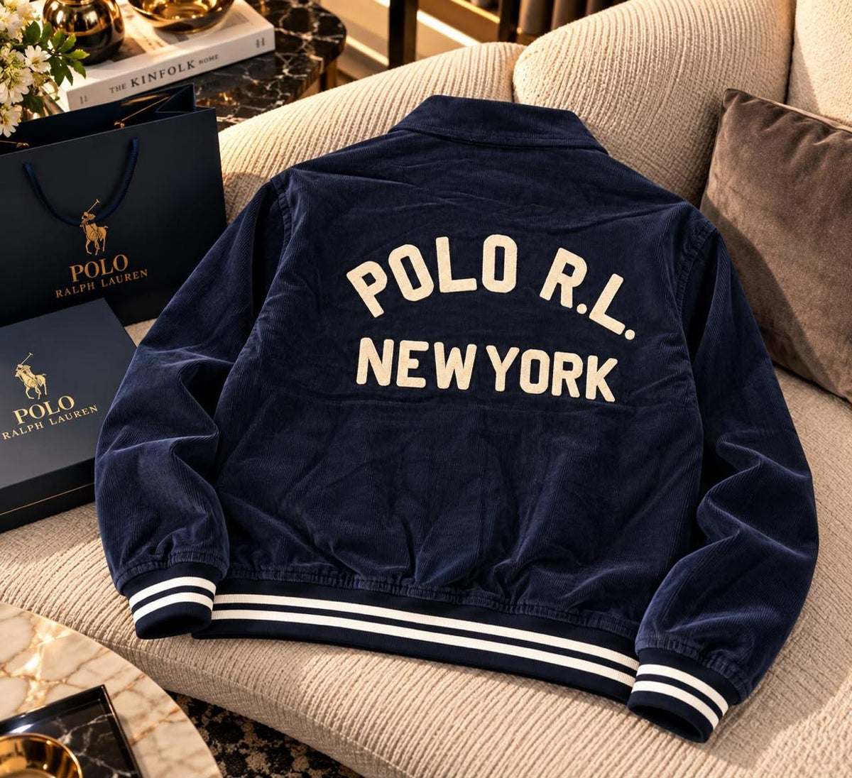 Navy Corduroy Varsity Letterman Jacket with Chenille Patch & Back Typography