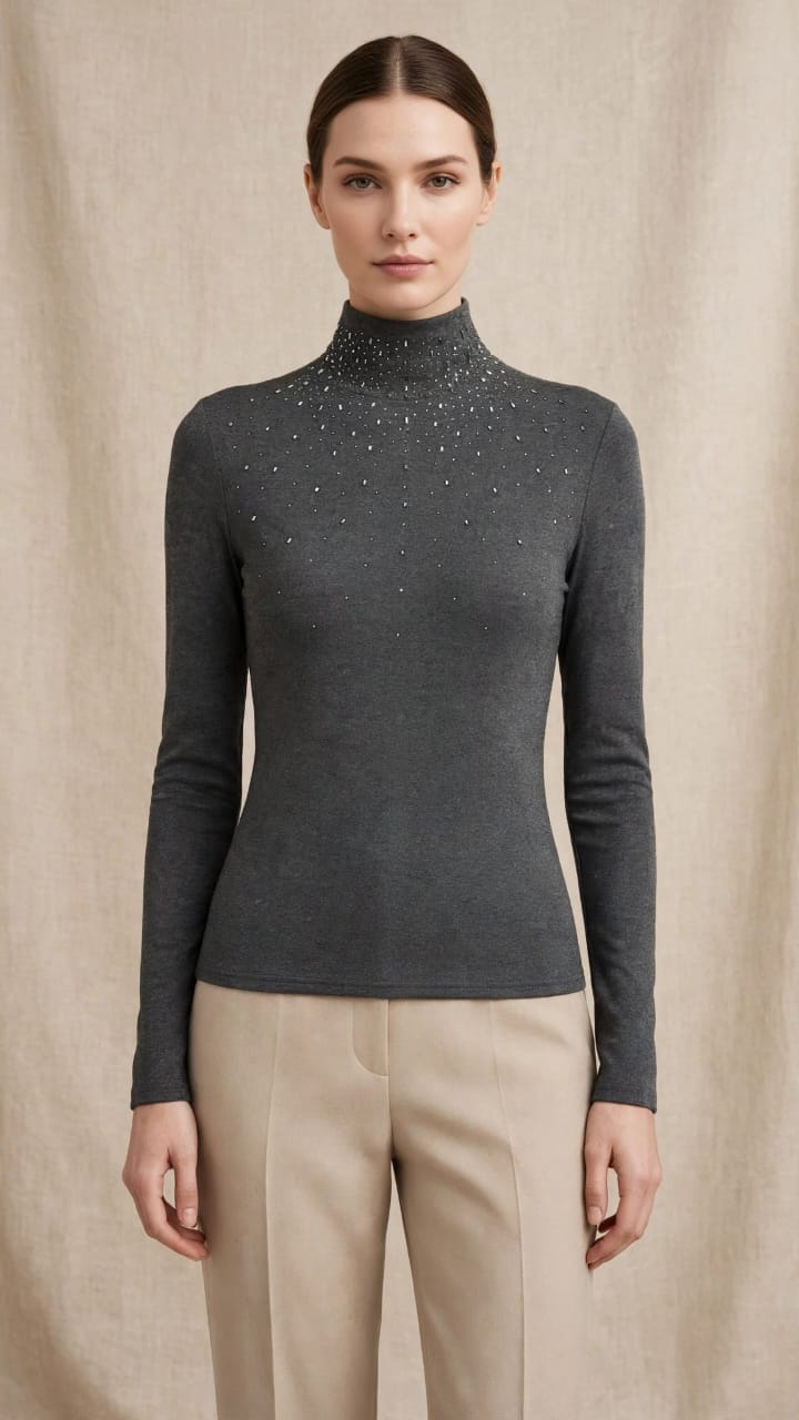 Women's Embellished Mock-Neck Fitted Top