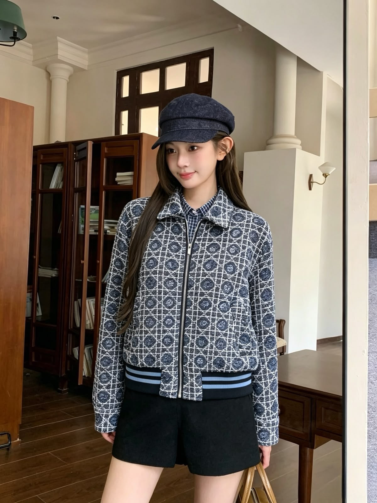 Geometric Quilted Tweed Zip-Up Jacket with Ribbed Trim & Spread Collar