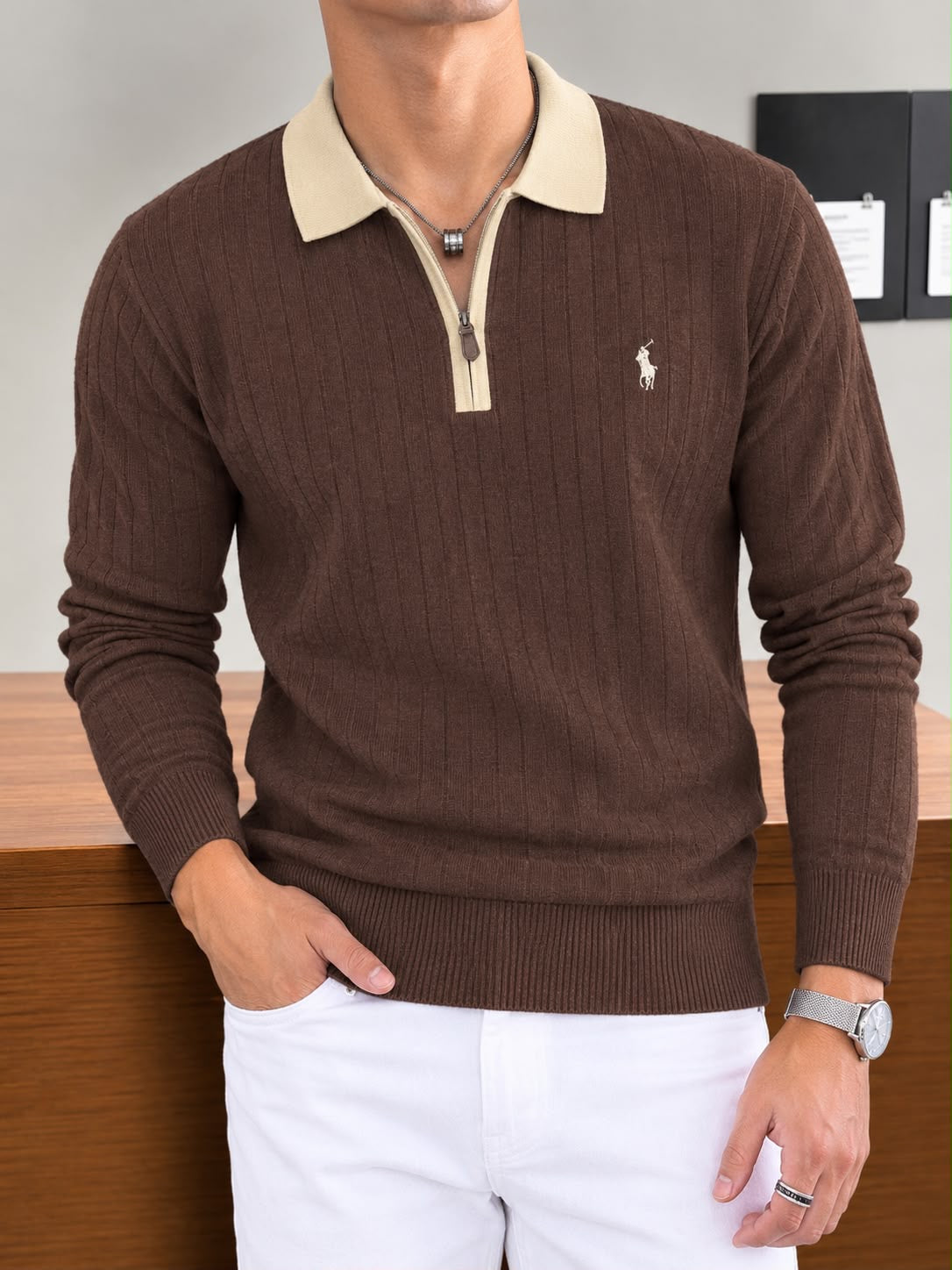 Slim Fit Two-Tone Half-Zip Ribbed Sweater Polo