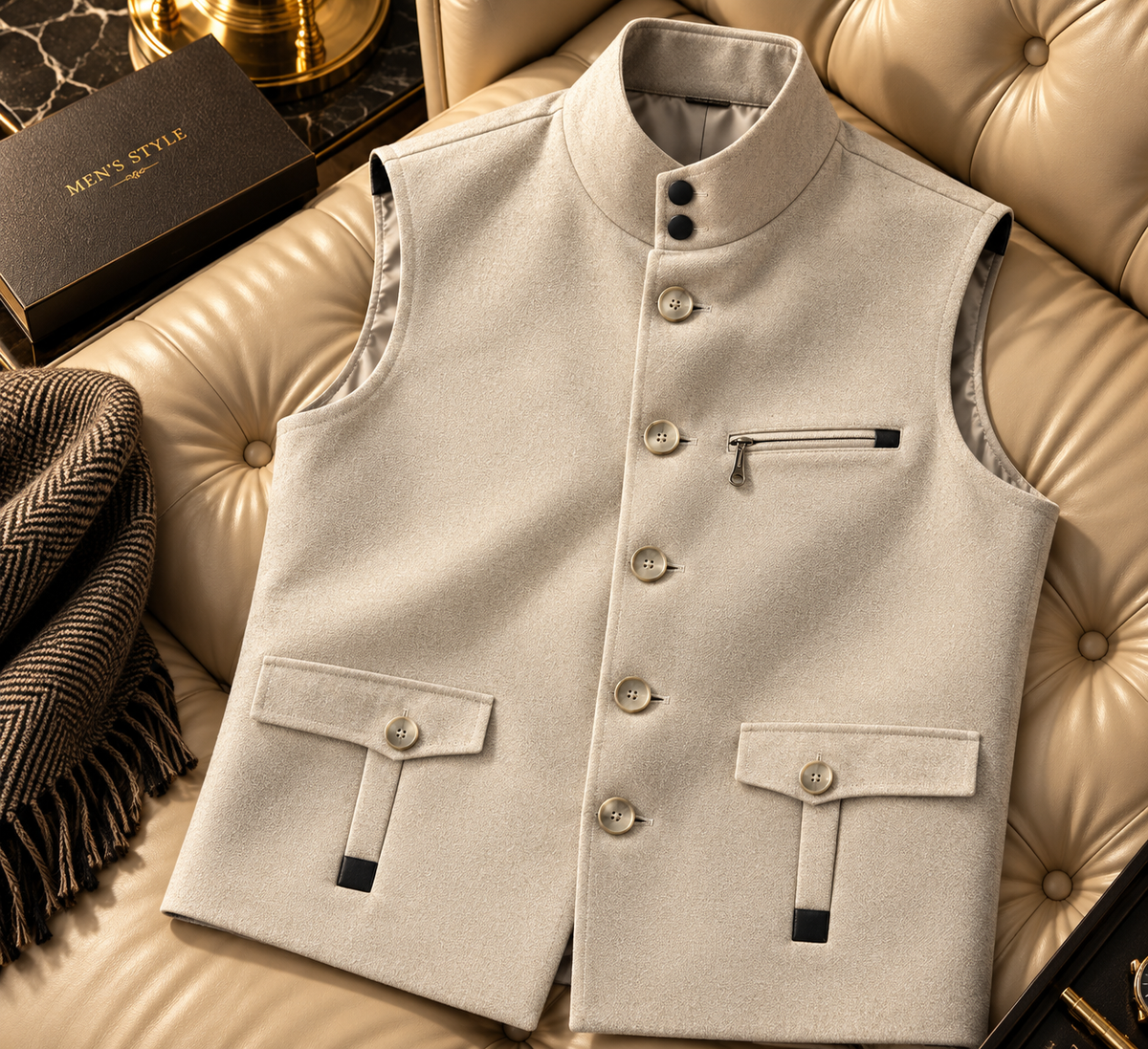 Men's Mandarin Collar Wool-Blend Formal Waistcoat with Multi-Pocket Detail