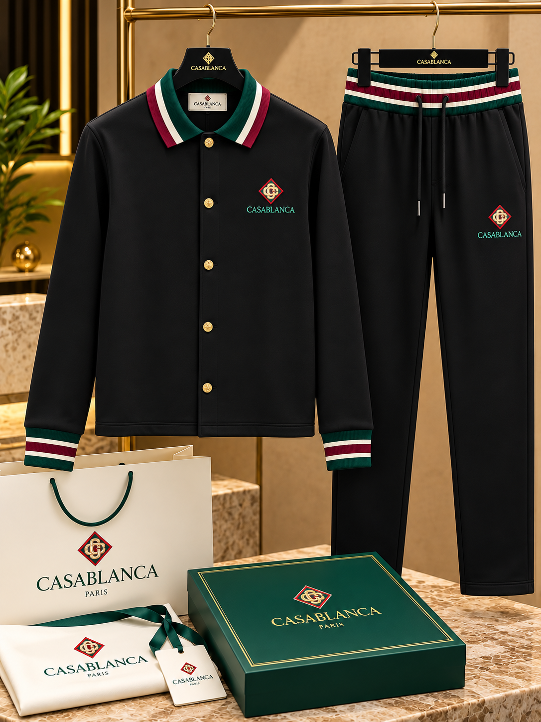 Men’s Luxury Sportswear Tracksuit Set – Striped Collar & Cuff Button-Down Jacket with Matching Trousers