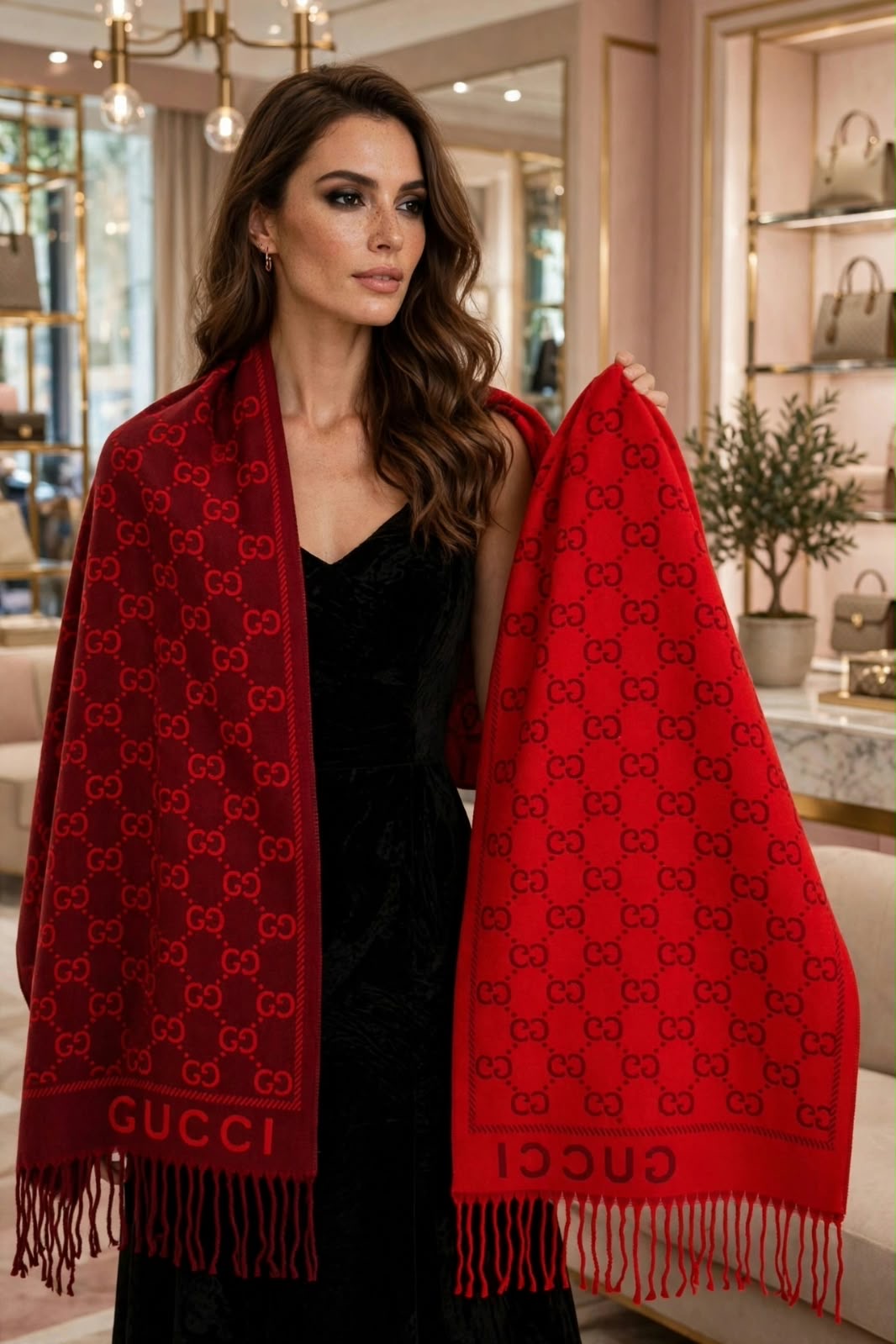 Women's Reversible Micro GG Monogram Cashmere Stole Wrap with Fringe Hem