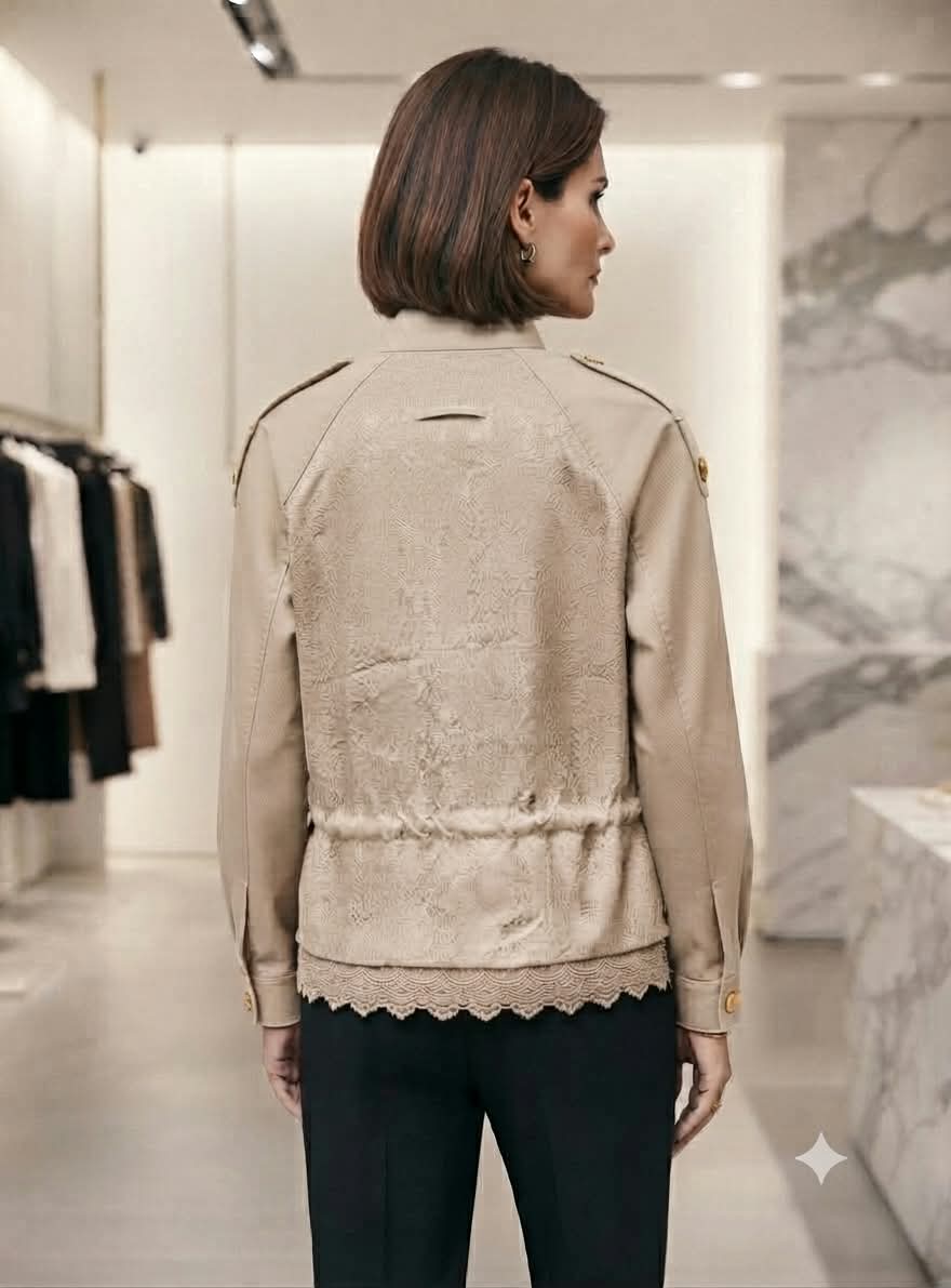Women's Utility High-Neck Jacket with Lace Hem & Adjustable Drawstring Waist