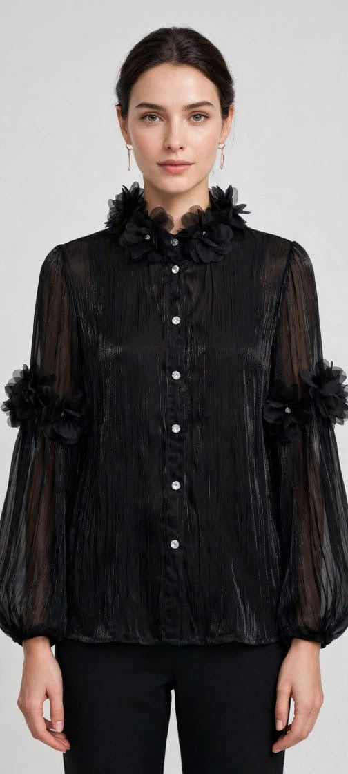 Elegant Black Floral Organza Shirt