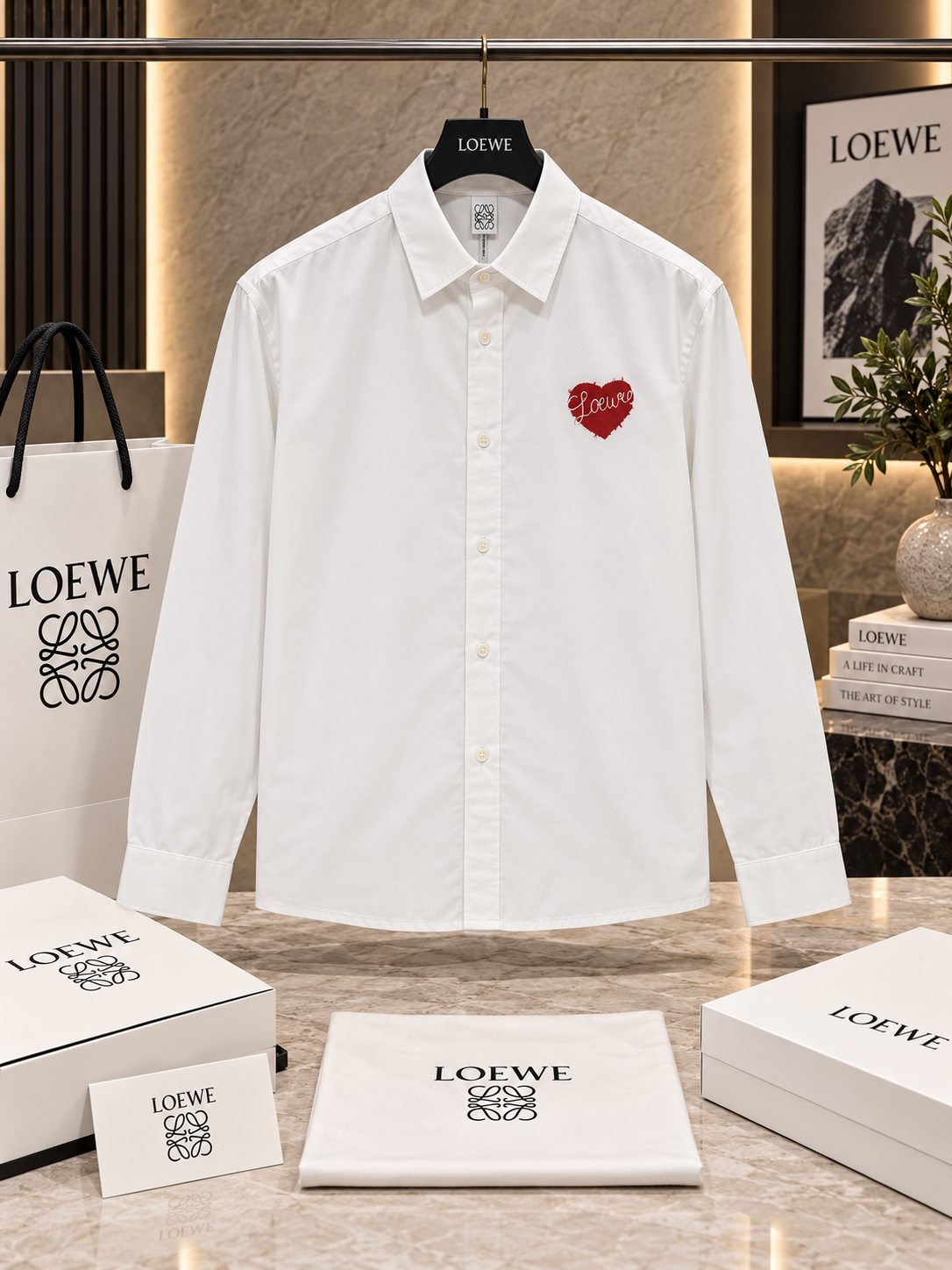 Men’s Heart Patch Long-Sleeve Cotton Shirt with Textured Embroidered Back