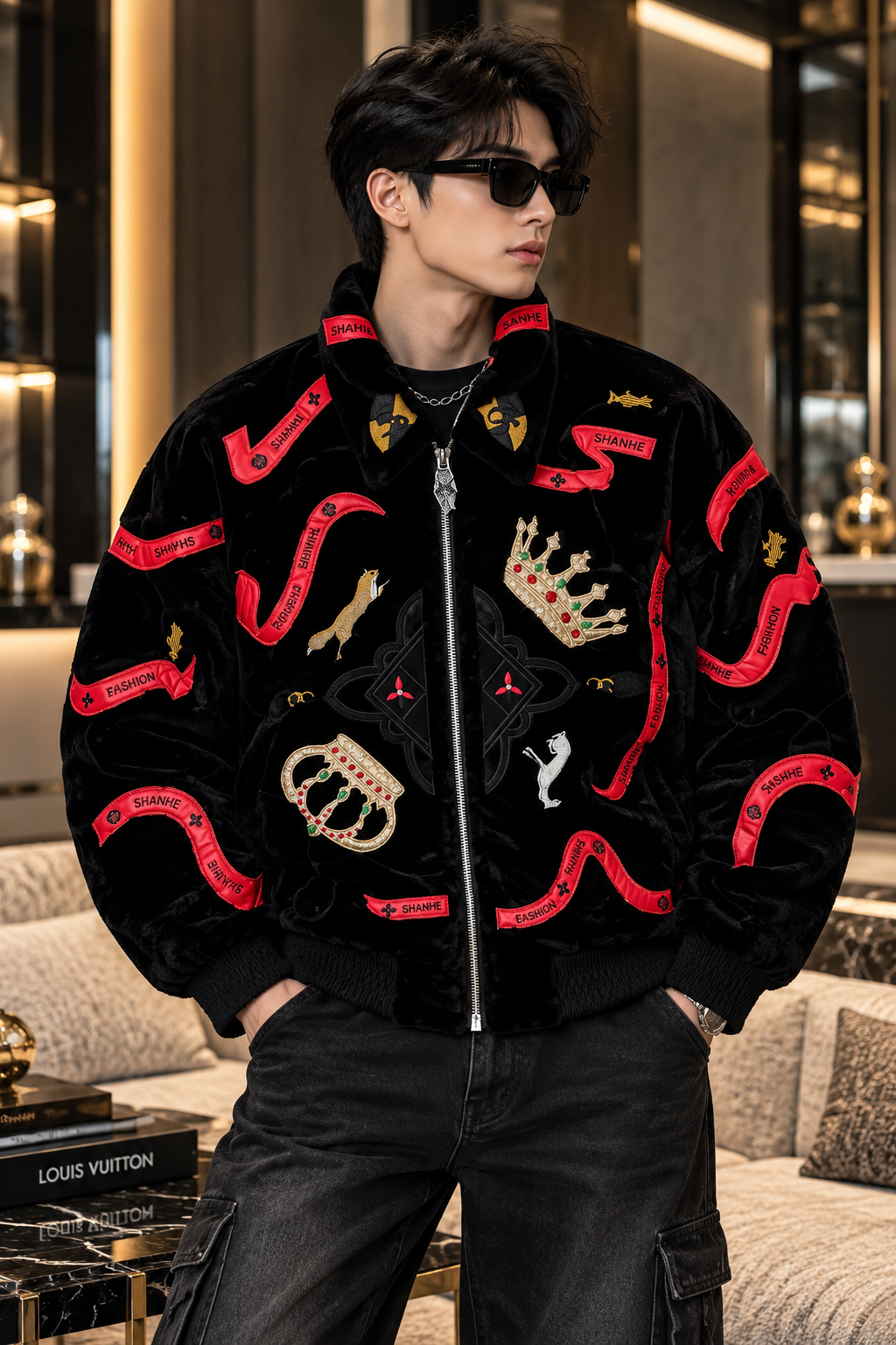"Royal Crest" Black Velvet Bomber Jacket with Red Ribbon and Crown Embellishments