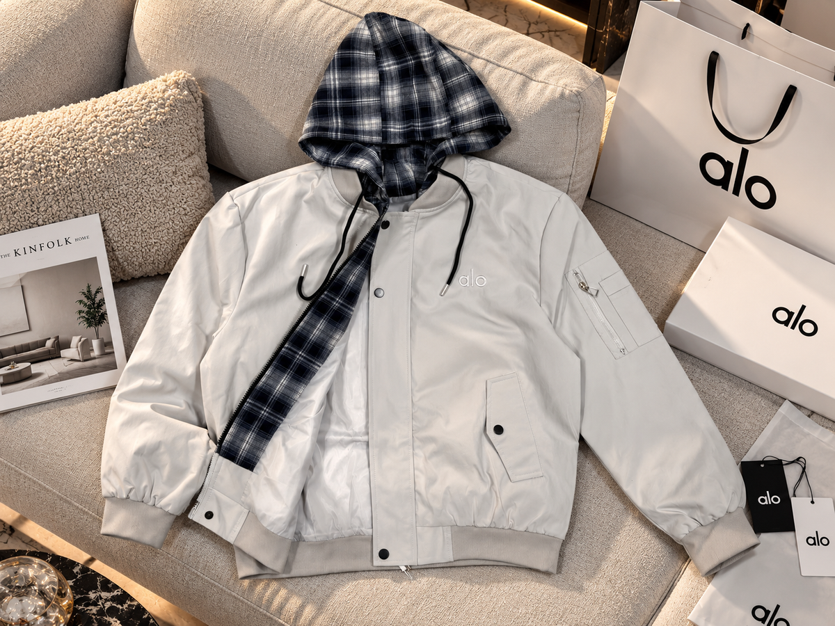 Unisex Plaid-Lined Hooded Utility Bomber Jacket