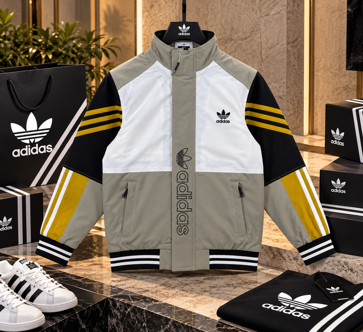 Colorblocked Retro Zip-Up Streetwear Track Jacket with Vertical Outline Branding