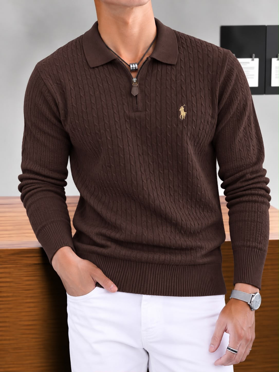 Men's Quarter-Zip Cable Knit Sweater with Spread Collar