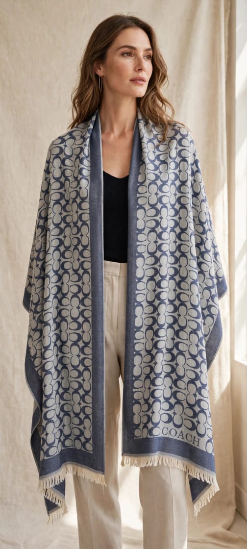 Women's Jacquard Monogram Fringed Cape Shawl Wrap