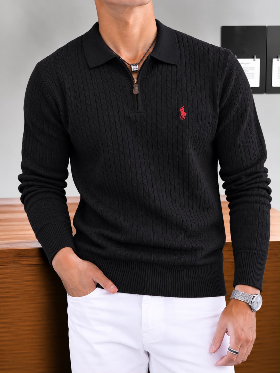 Men's Quarter-Zip Cable Knit Sweater with Spread Collar