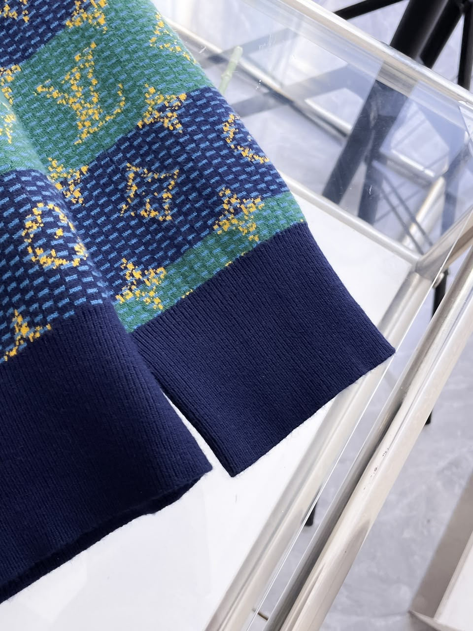 Men’s Striped Monogram Jacquard Knit Crewneck Sweater in Navy & Green