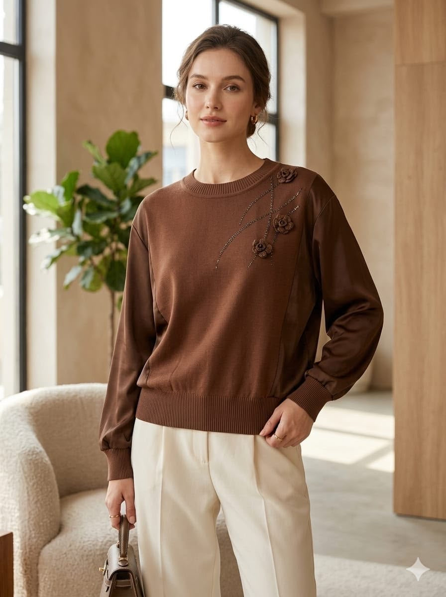 Floral Appliqué Satin-Sleeve Knit Sweater