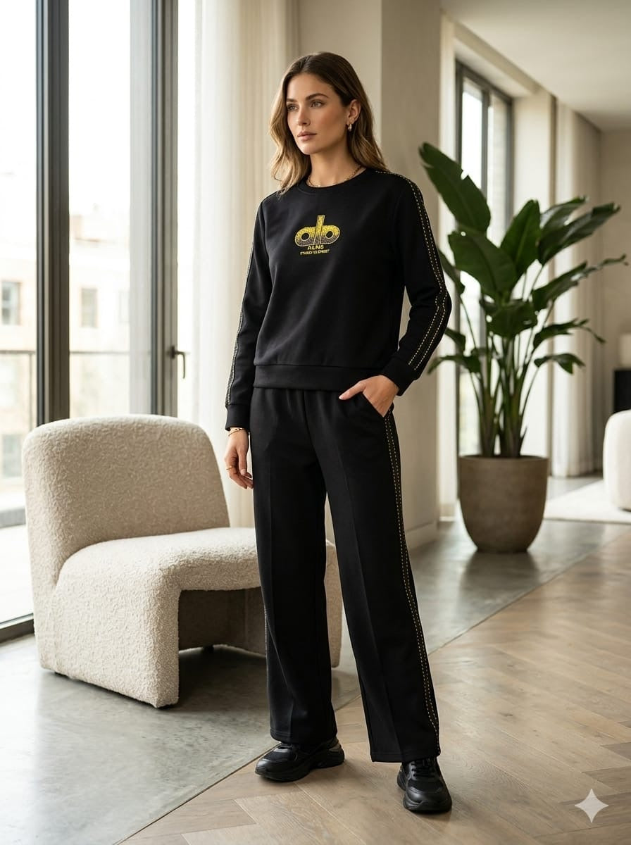 Studded Side-Stripe Crewneck Sweatshirt & Wide-Leg Track Pants Set