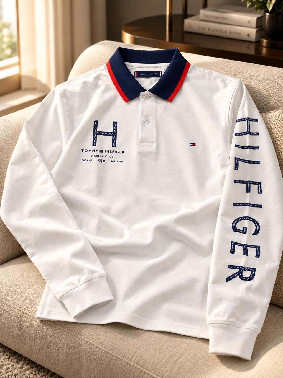 Long-Sleeve Graphic Polo Shirt with Tipped Collar