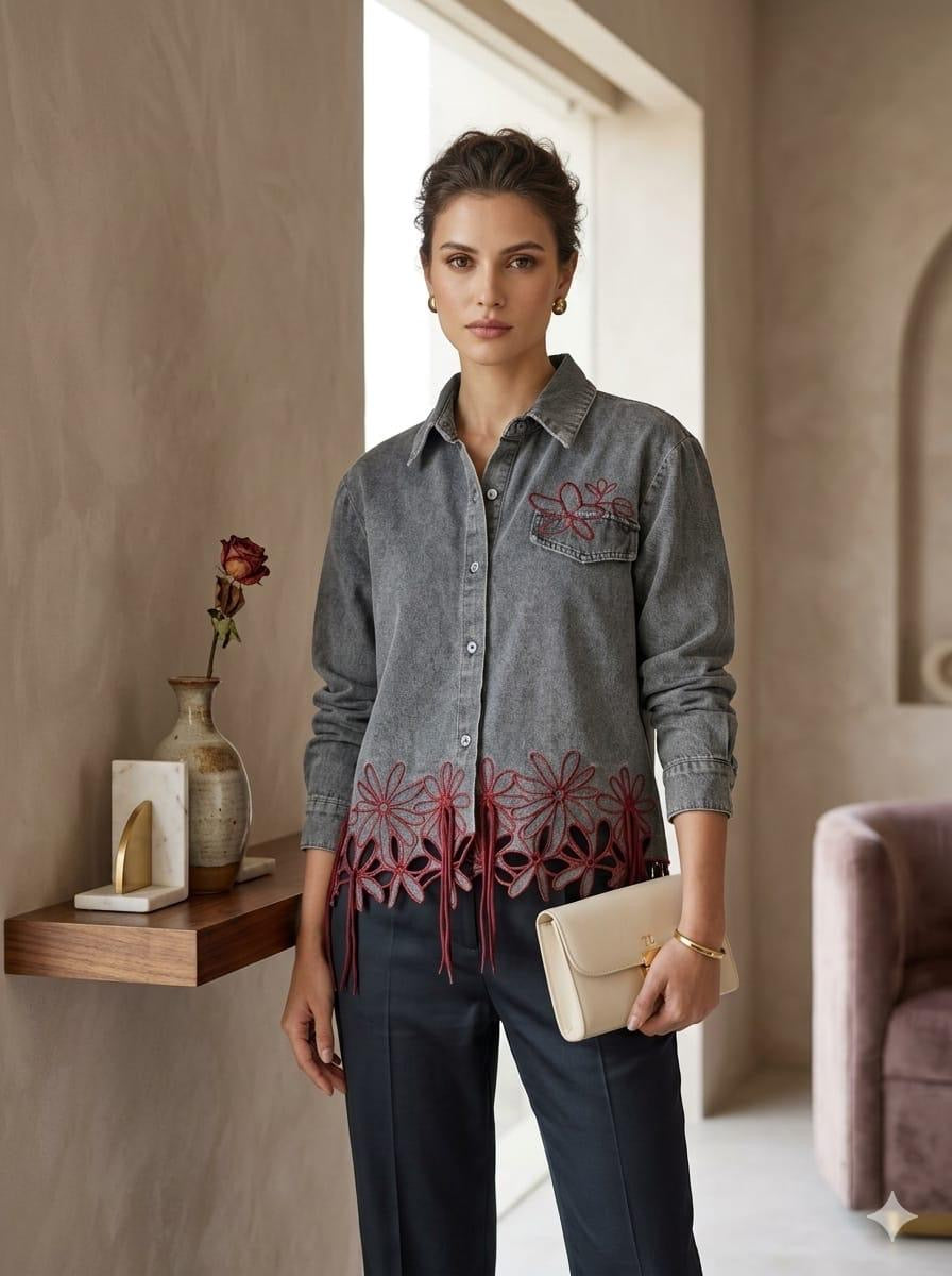 Floral Cutout Embroidered Denim Shirt