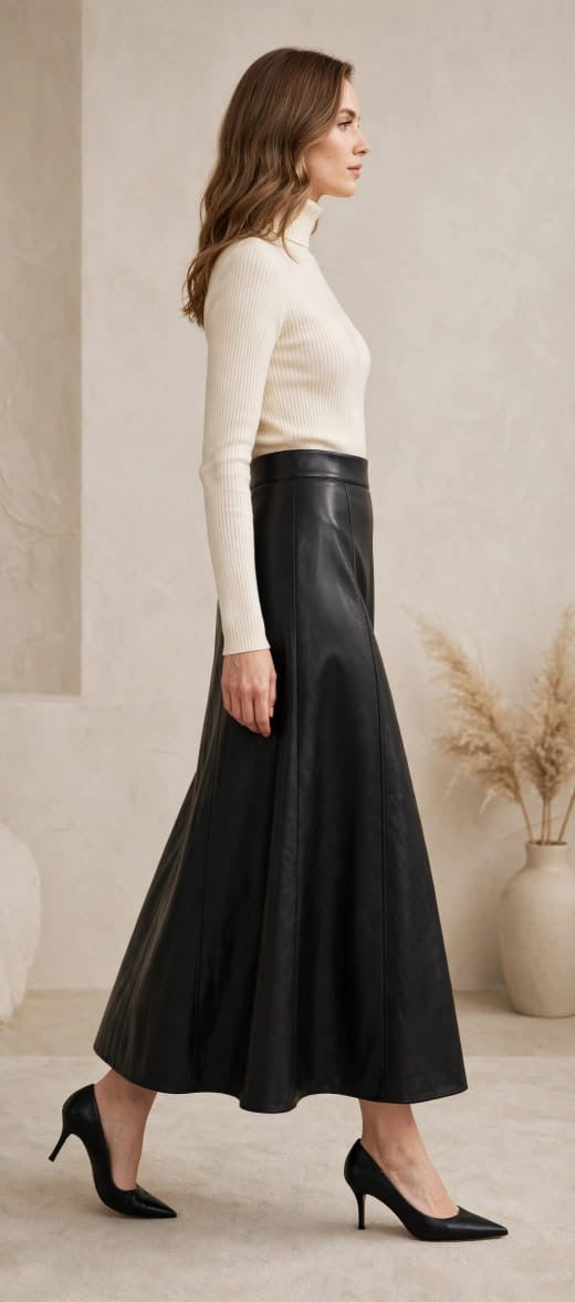 Women's Elegant High-Waisted Paneled Leather A-Line Midi Skirt