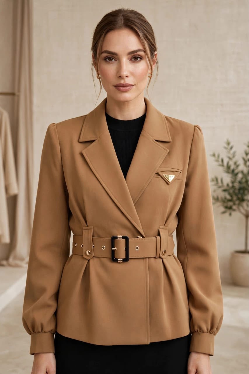 Elegant Belted Blazer Blank & Brown