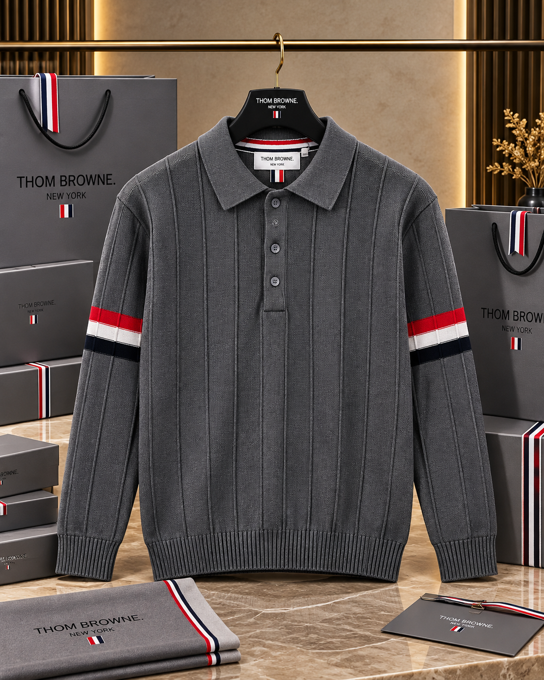 Premium Ribbed Knit Full-Sleeve Polo Sweater