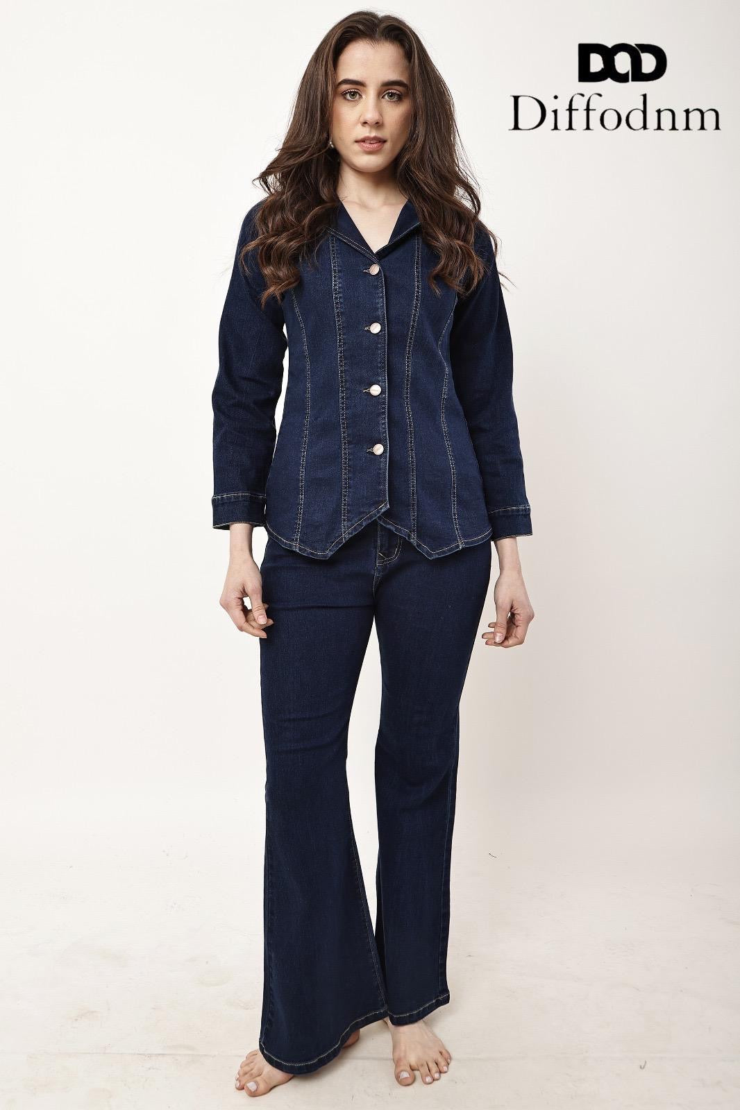 Women’s Dark Wash Fitted Denim Shirt & Bootcut Jeans Two-Piece Co-Ord Set