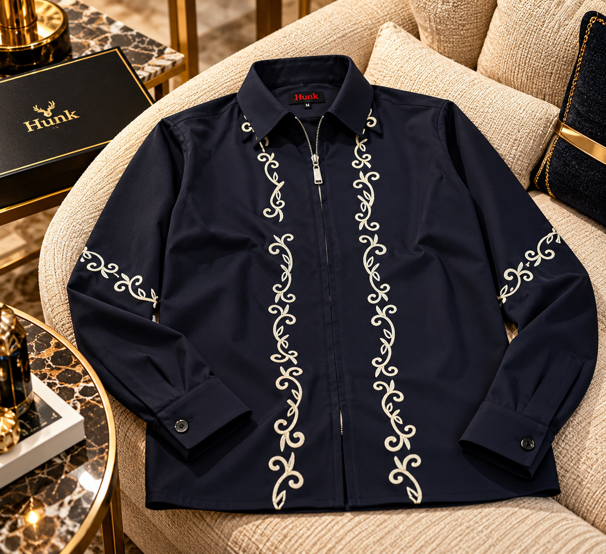 Scroll Embroidered Zip-Front Long Sleeve Shirt