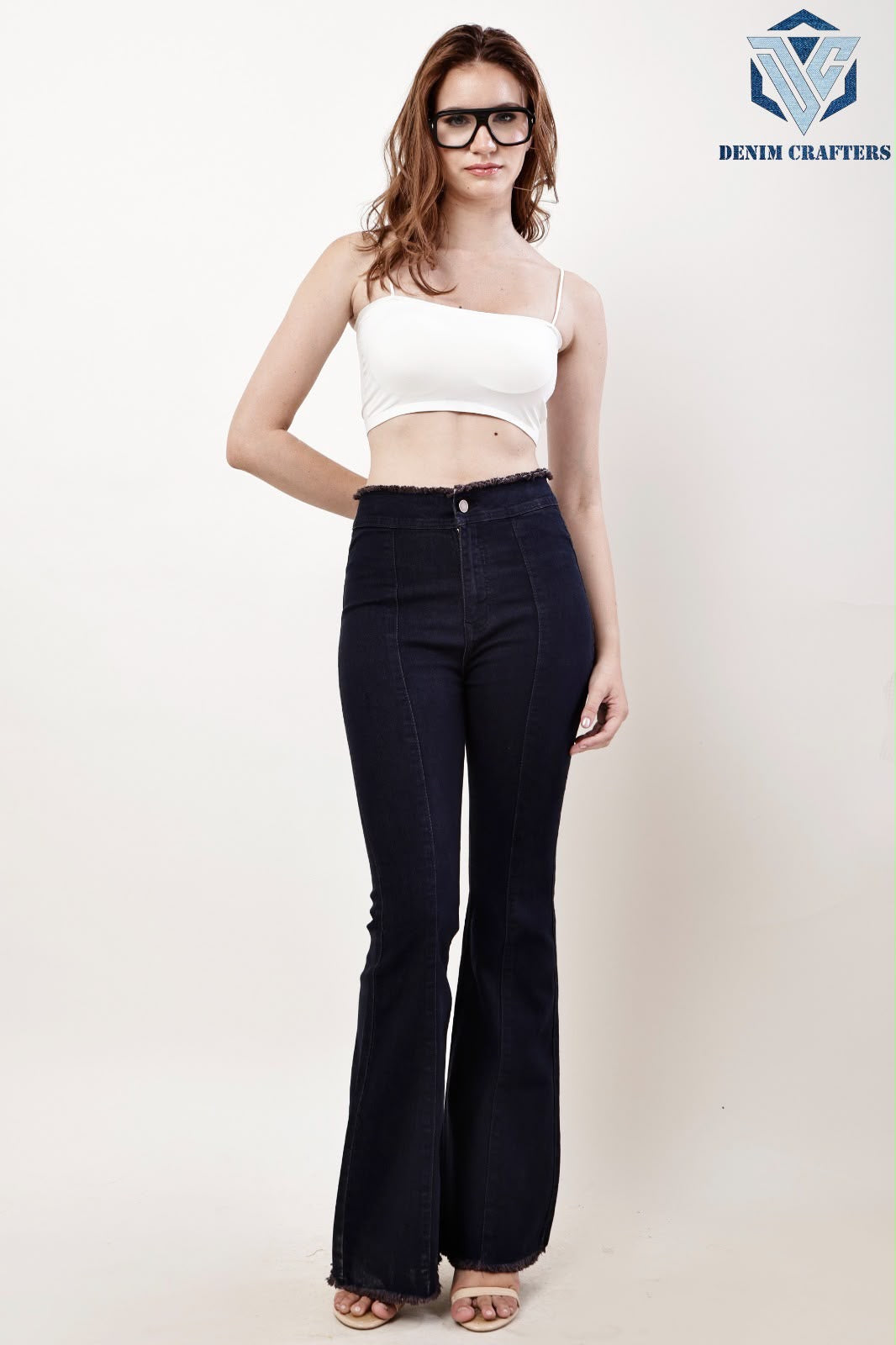 Waisted Dark Wash Flare Jeans with Fringed Waistband & Raw Hem