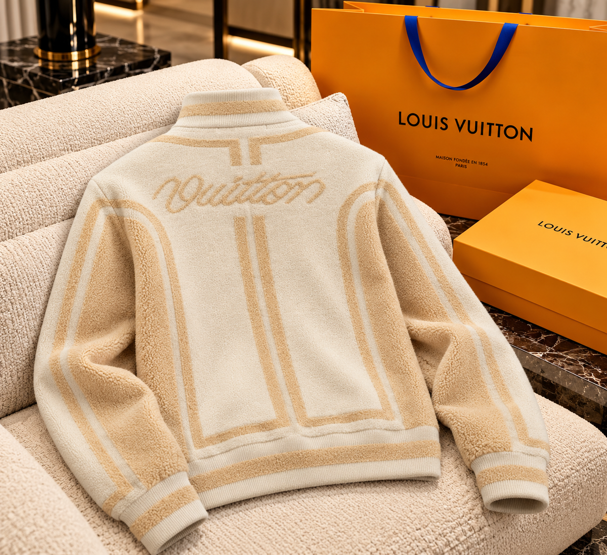 Plush Shearling-Trimmed Zip-Up Track Jacket