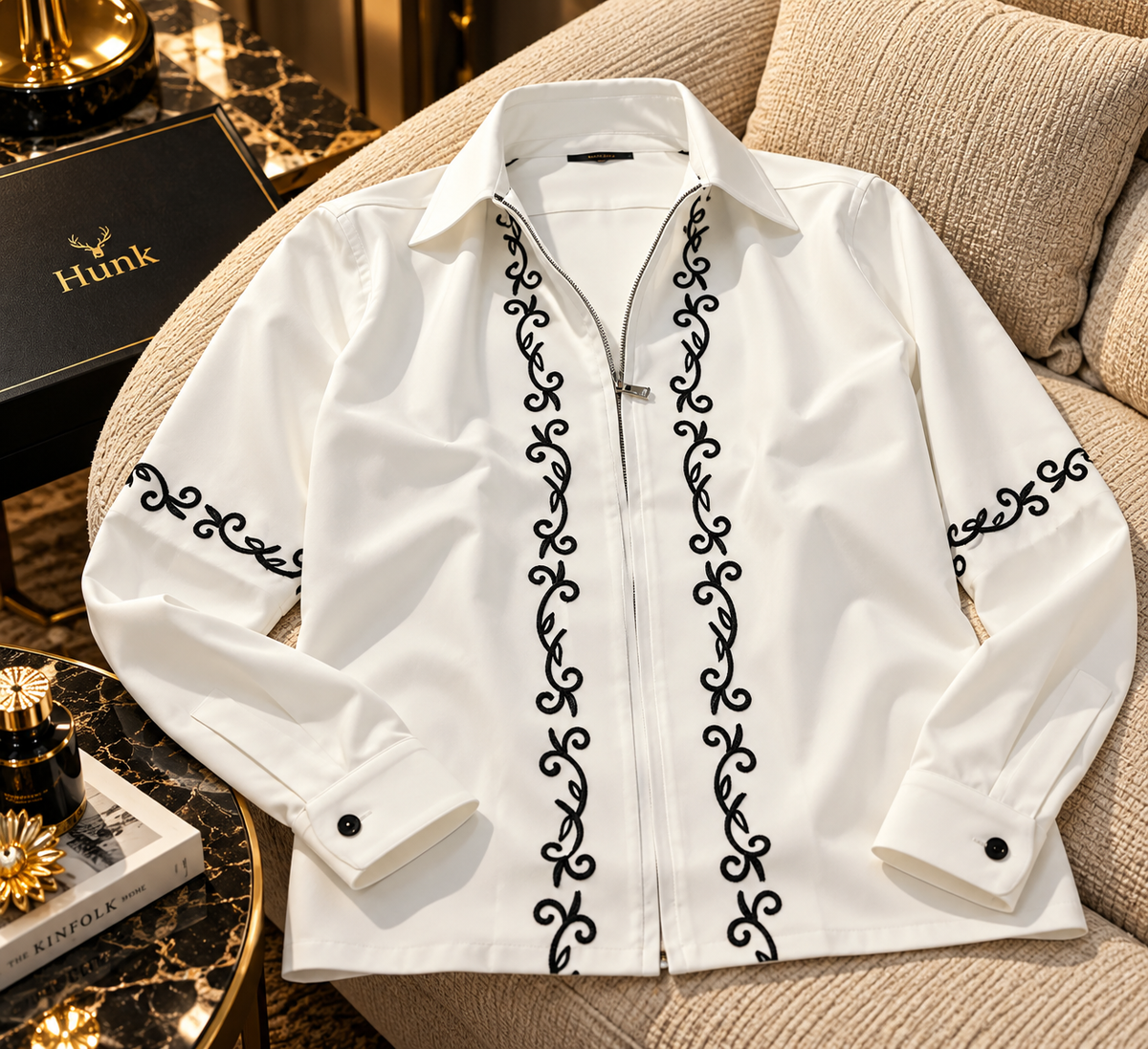Scroll Embroidered Zip-Front Long Sleeve Shirt