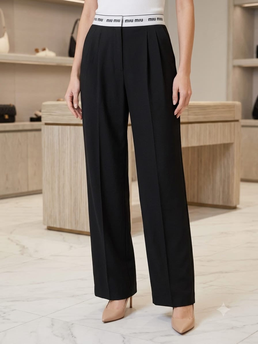Women's High-Waisted Pleated Wide-Leg Trousers with Elastic Logo Waistband