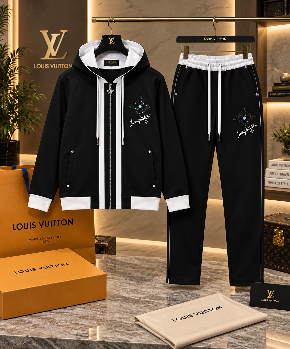 Two-Tone Athletic Tracksuit Set with Script Embroidery