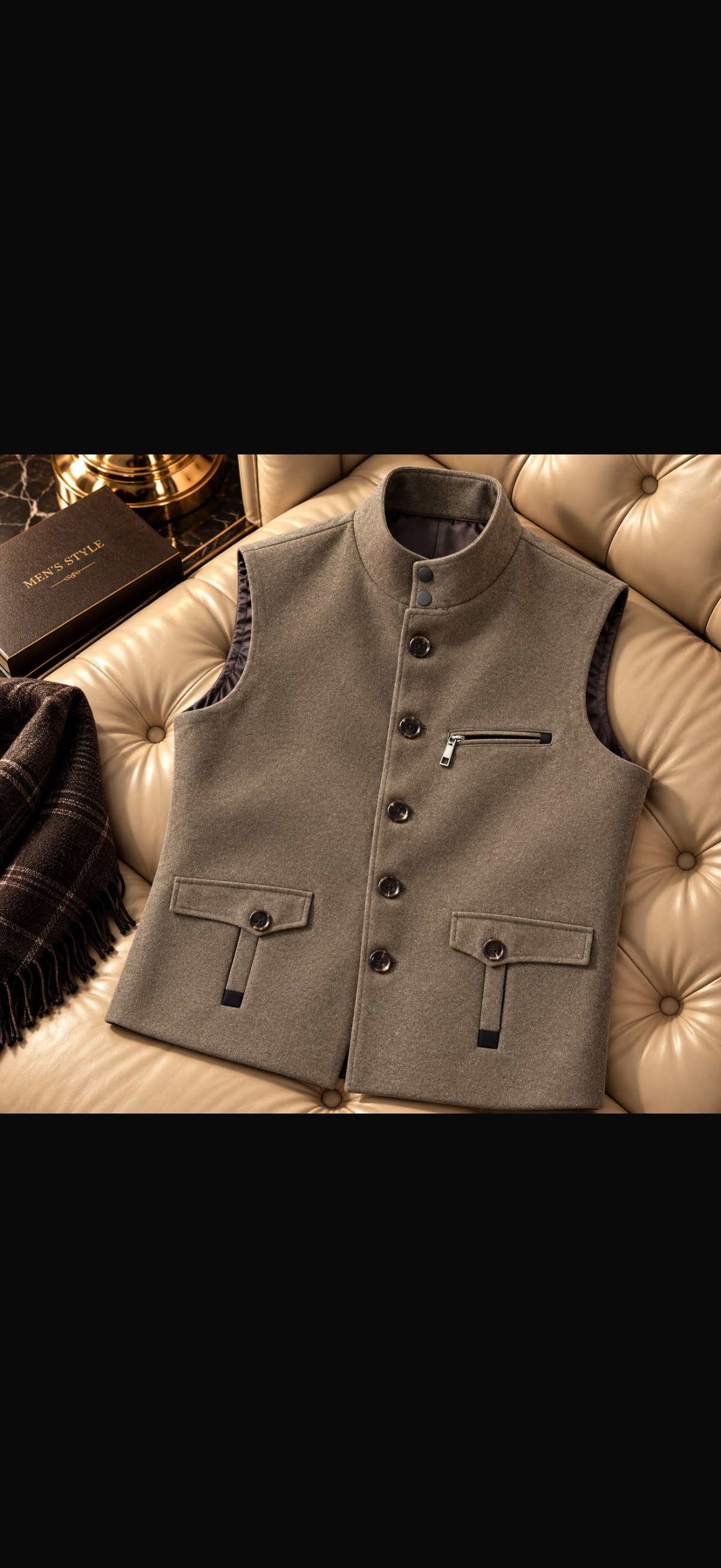 Men's Mandarin Collar Wool-Blend Formal Waistcoat with Multi-Pocket Detail
