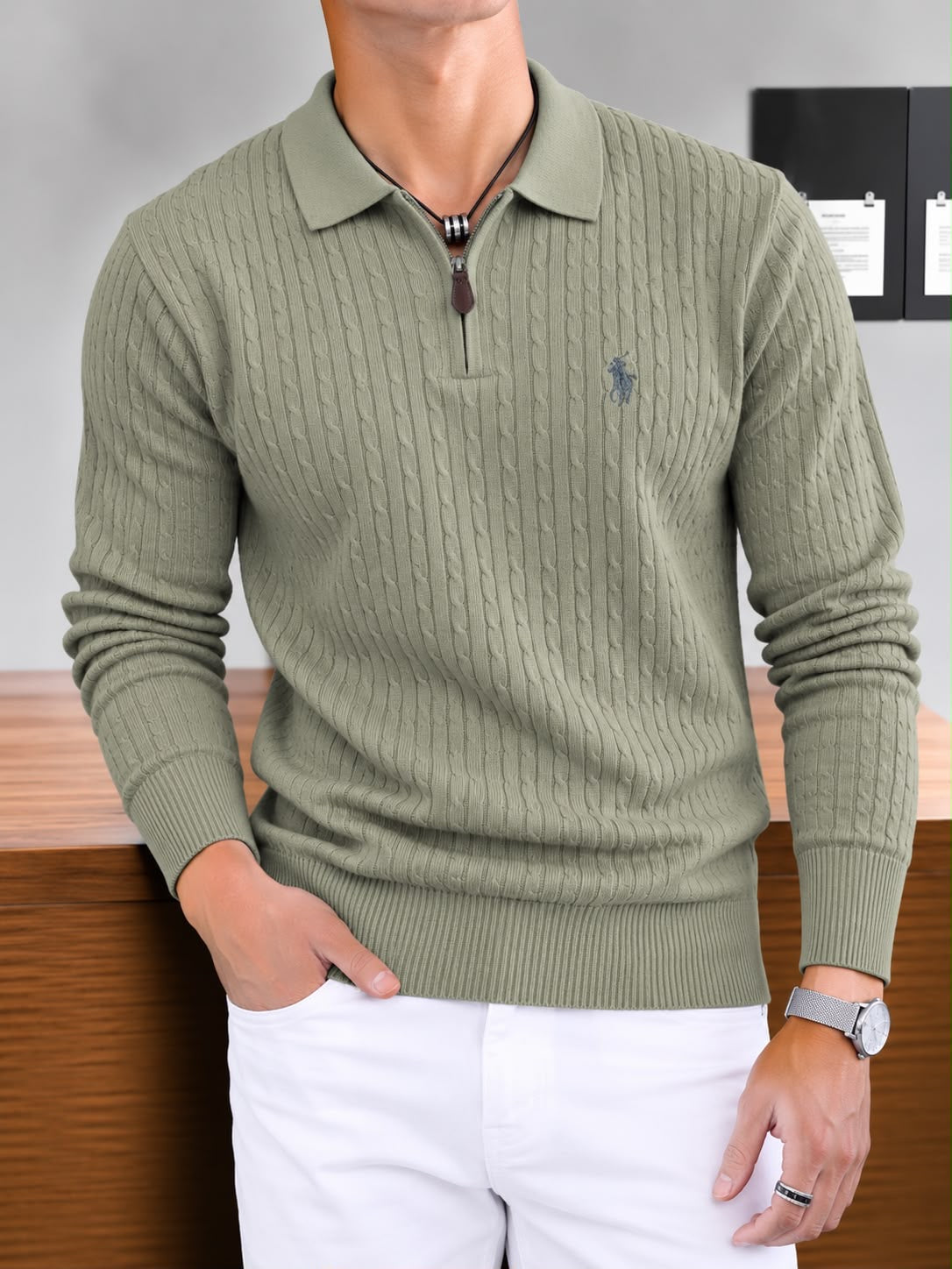 Men's Quarter-Zip Cable Knit Sweater with Spread Collar