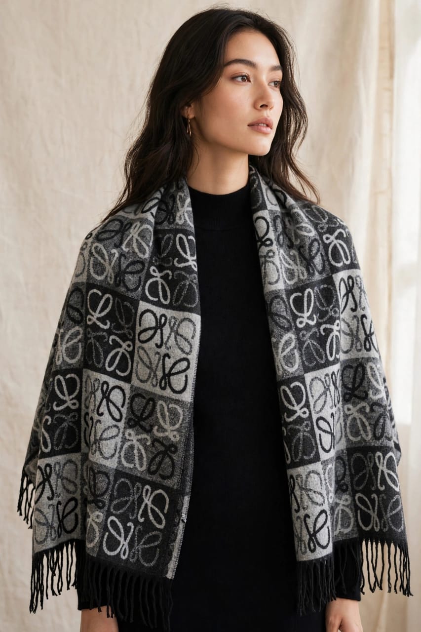 Women's Anagram Checked Cashmere Stole Wrap with Fringe Trim