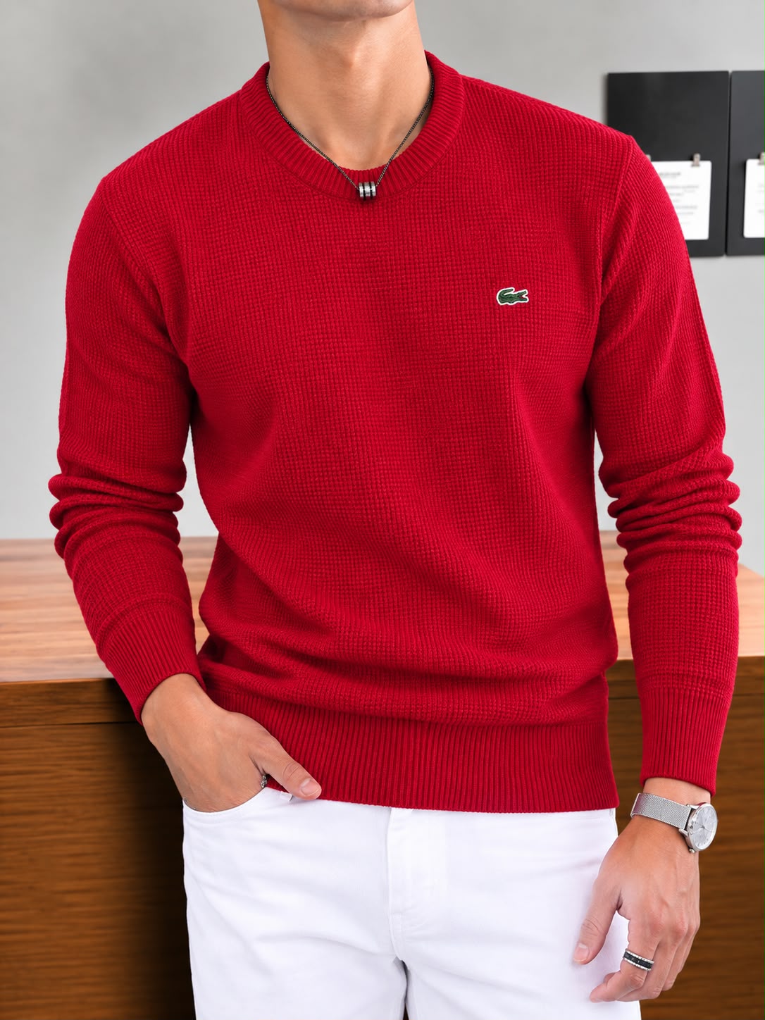 Textured Waffle-Knit Long-Sleeve Crewneck Sweater