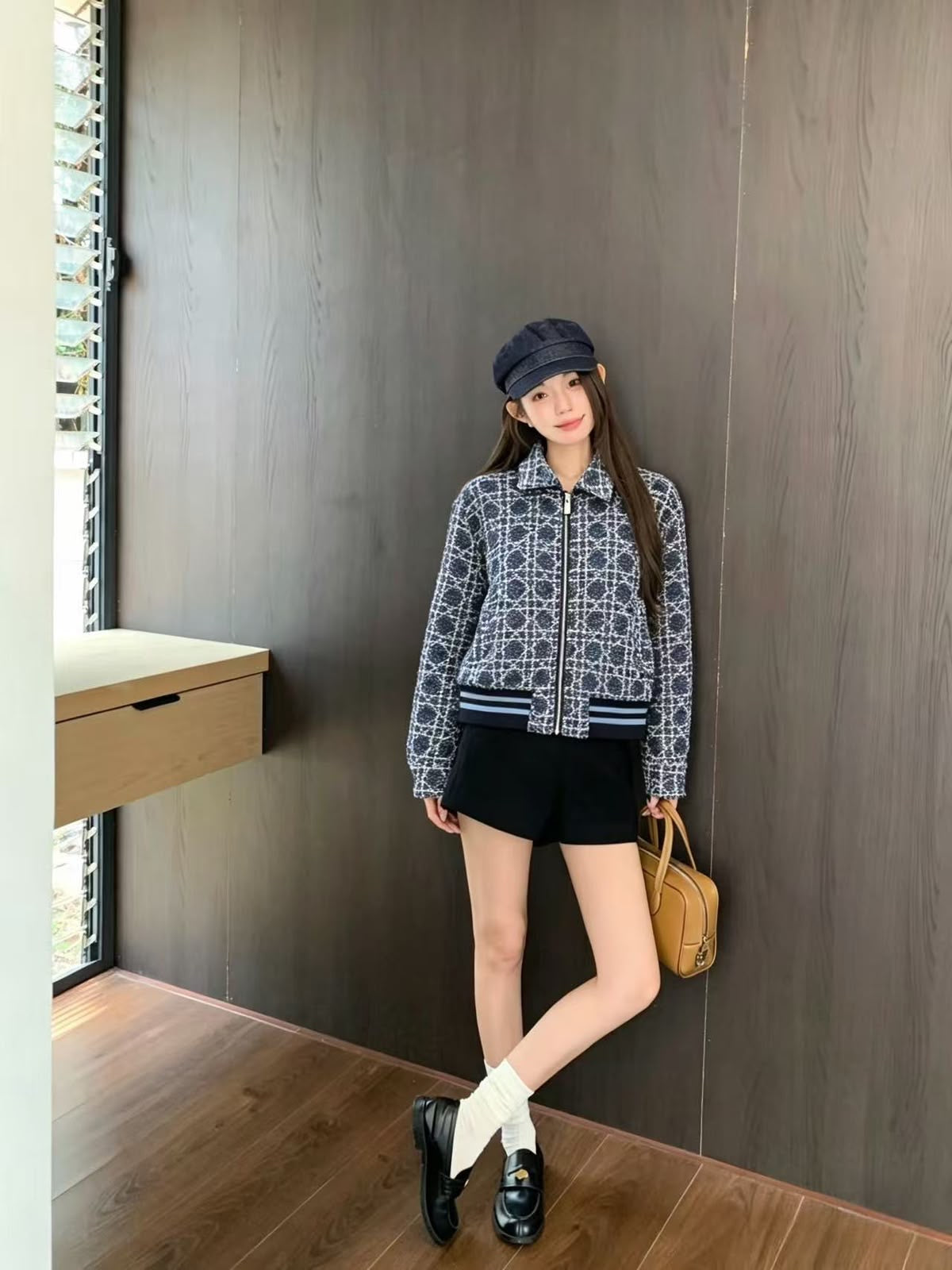 Geometric Quilted Tweed Zip-Up Jacket with Ribbed Trim & Spread Collar
