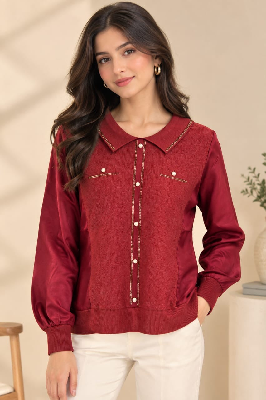 Elegant Pearl-Button Long-Sleeve Top with Ribbed Trim