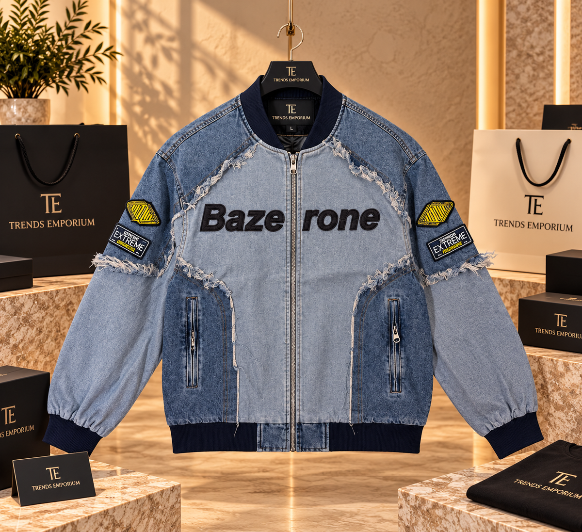 Men's Distressed Patchwork Graphic Denim Bomber Jacke