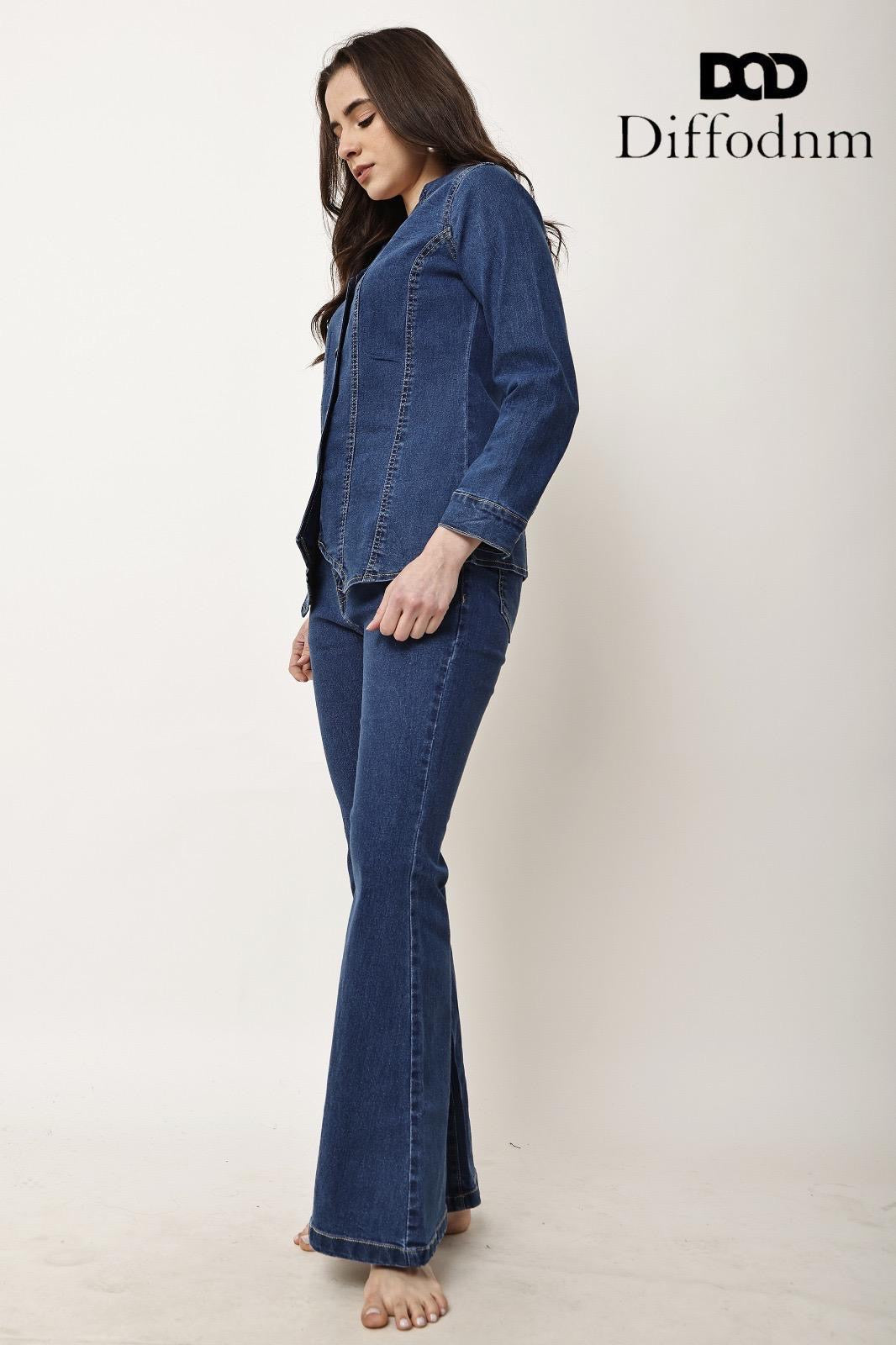 Women’s Dark Wash Fitted Denim Shirt & Bootcut Jeans Two-Piece Co-Ord Set