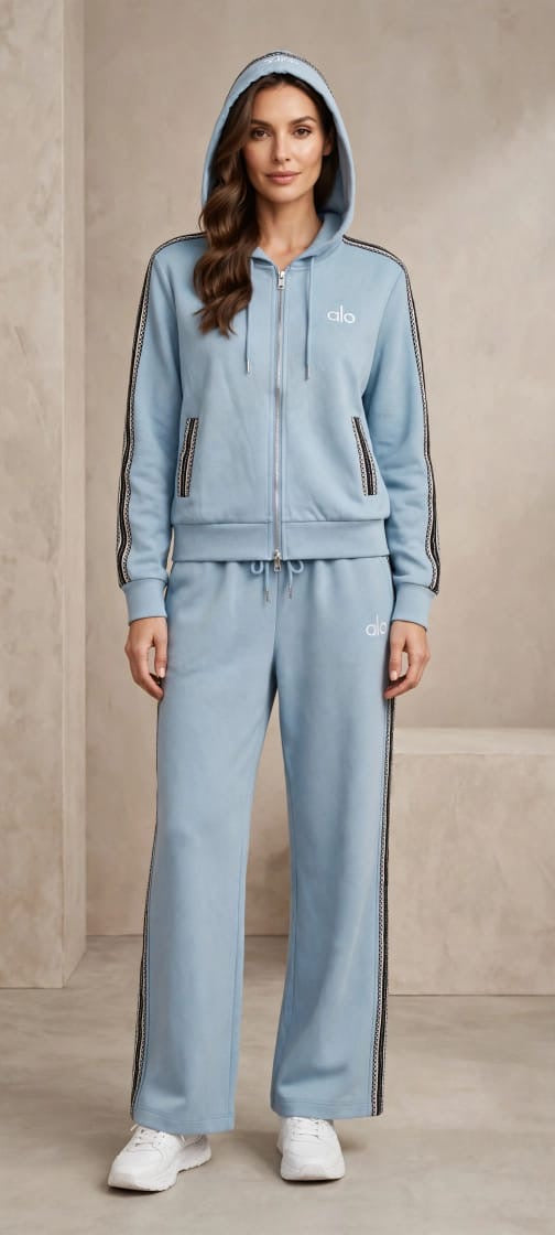 Women's Full-Zip Hoodie & Wide-Leg Sweatpants Set with Patterned Side Stripes