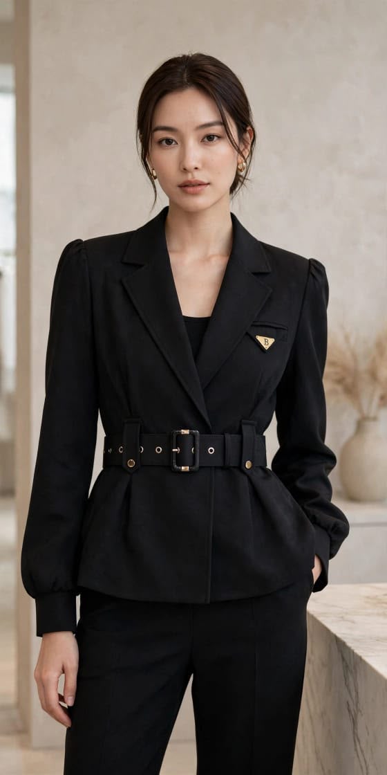Elegant Belted Blazer Blank & Brown