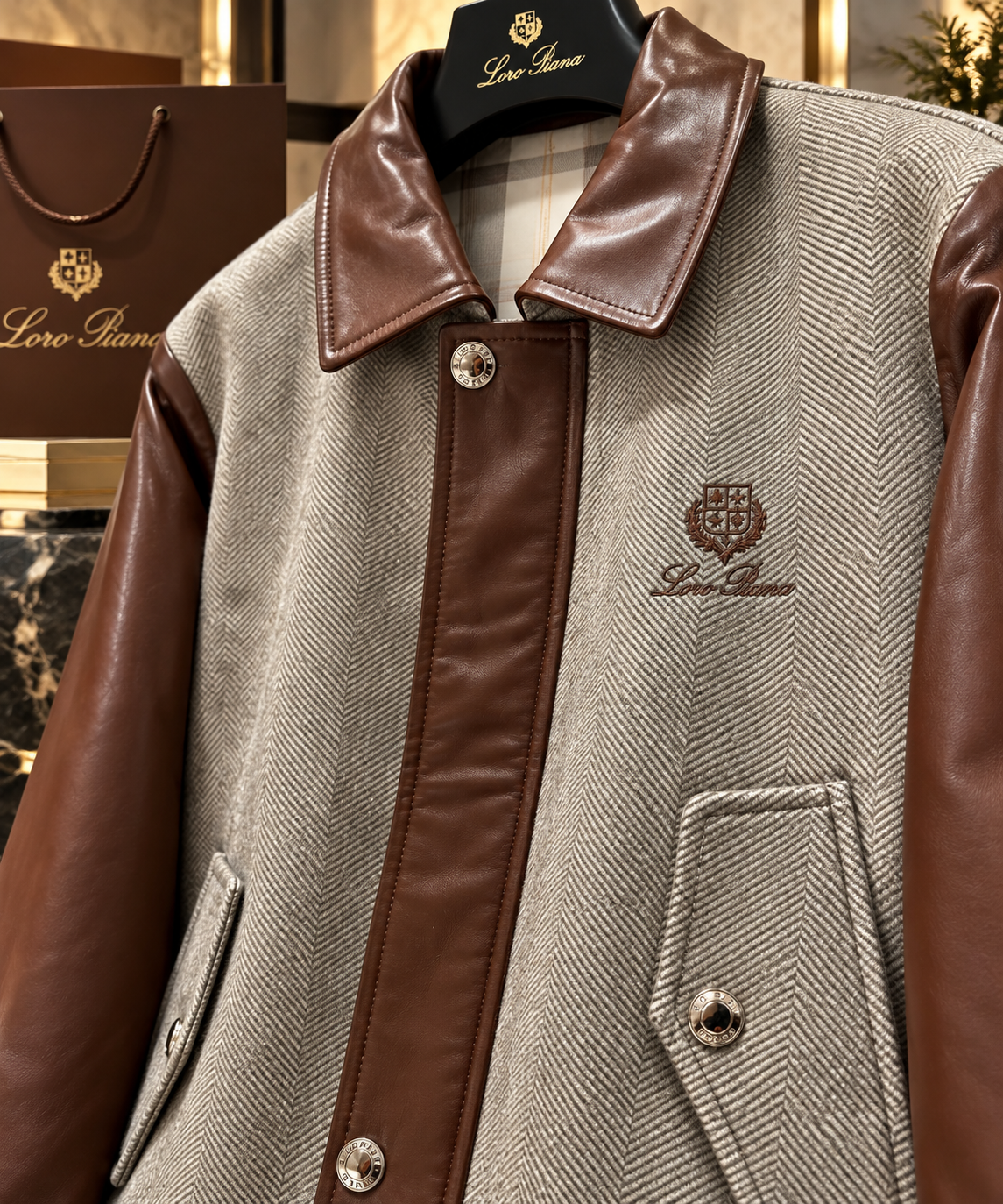 Herringbone Wool & Genuine Leather Bomber Jacket – Premium Contrast Sleeve Vintage Flight Jacket